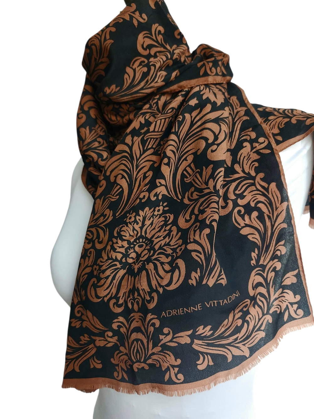 Vtg Adrienne Vittadini Black and Copper Silk Baroque Floral Scarf 15x60 In